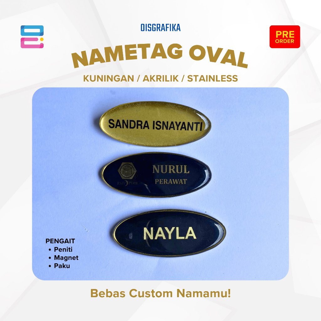 Name Tag Oval Custom Nama Logo Jabatan Papan Nama Dada Warna Bebas