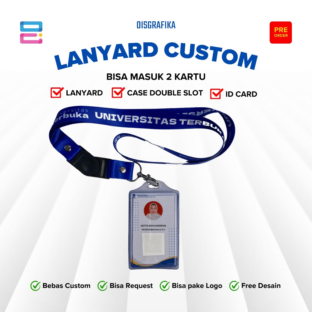 Lanyard Custom Tali ID Card + ID Card + Case Double Slot - 1 SET Full Print 2 sisi