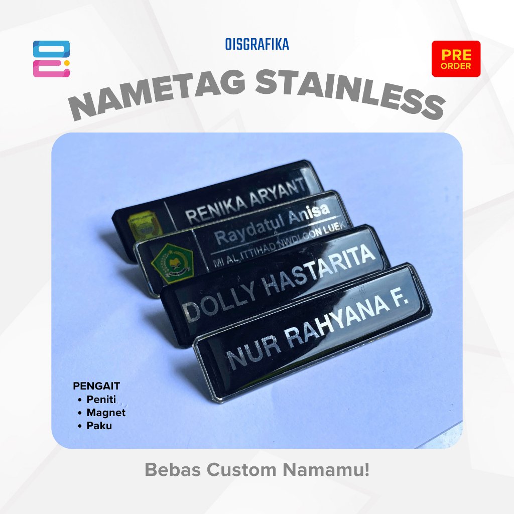 Name Tag Nama Stainless Custom Logo - Magnet Peniti Paku